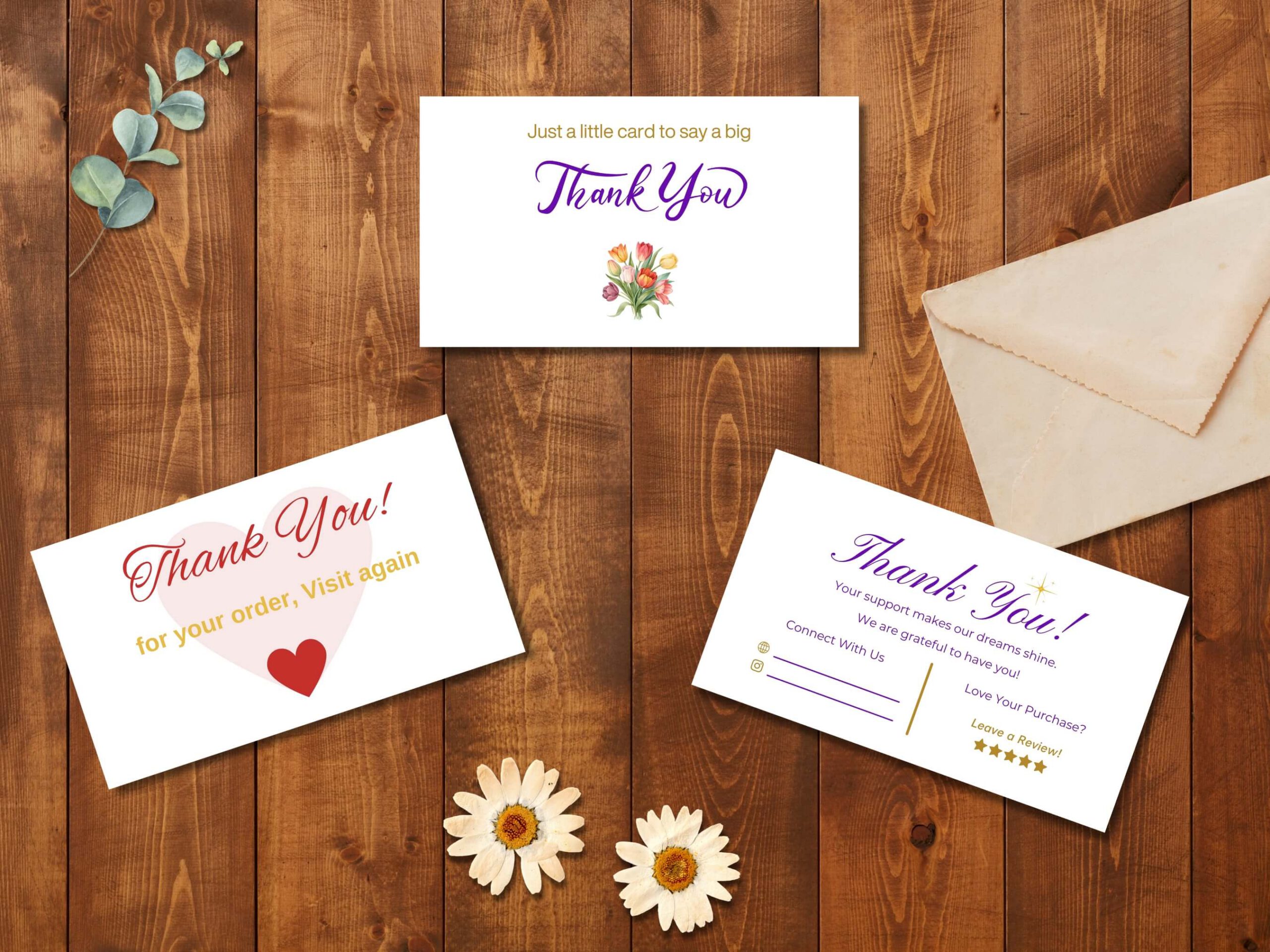 3 Designs Thank You Cards, Print ready PDF and Canva Editable Link